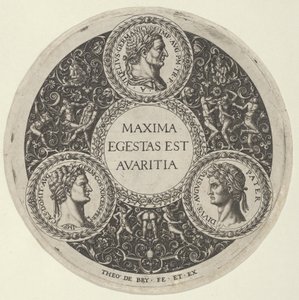 Design til et fad med portrætter af de romerske kejsere Vitellius, Domitian og August..., ca. 1588. af Theodore de Bry