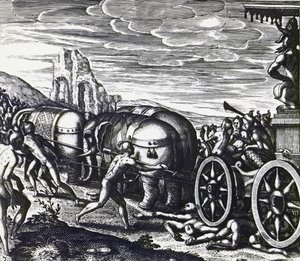 Hengivne bliver knust af vogn under procession af idol, af Theodor de Bry (1528-1598), gravering af Theodore de Bry