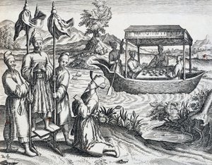 Højtståendes gade, fra rejse foretaget af Jan Huyghen van Linschoten (1563-1611) mellem 1583 og 1592, gravering fra India Orientalis af Theodor de Bry (1528-1598), Kina af Theodore de Bry