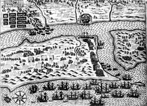 Drake erobrer båden "Saint Augustin" i 1586, af De Bry af Theodore de Bry