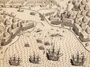 Hollændere ankommer til Madura Island, Java, gravering fra værket India Orientalis, af Theodor de Bry (1528-1598), Indonesien af Theodore de Bry