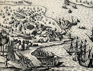 Hollandsk ekspedition langs Mozambiques kyst, gravering fra India orientalis af Theodor de Bry (1528-1598) af Theodore de Bry
