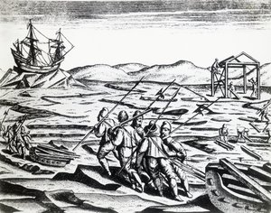 Ekspedition ledet af William Barents (ca. 1550-1597) på jagt efter Nordøstpassagen, fra Peregrinationes, af Theodor de Bry (1528-1598), gravering af Theodore de Bry