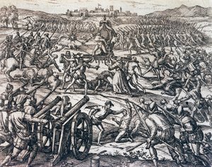 Francisco Pizarros (ca. 1475-1541) tropper, der fangede inkakejser Atahualpa under slaget ved Cajamarca, 16. november af Theodore de Bry