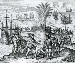 Francisco de Bobadilla ankommer som guvernør og arresterer Christopher Columbus (1451-1506) i Hispaniola, 1500, 1590 af Theodore de Bry