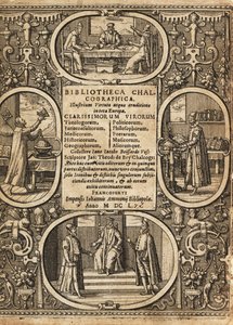 Frontispice med vignetter af videnskabsmænd inden for grænser. af Theodore de Bry