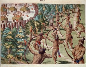 Amerikas historie: "" En indianerstamme angriber en landsby i Florida om natten"" Indgravering fra "" Admirante Narratio Americae"" af Theodore de Bry (1528-1598) af Theodore de Bry