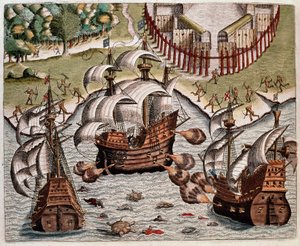 Amerikas historie: "" Slaget mellem de portugisiske flåder og de franske flåder ud for Brasiliens kyst i Potiguarhavet"" Oplæsning af rejserne af Hans Staden, tysk opdagelsesrejsende, der rejste med de spanske flåder til Brasilien, taget til fange af Tupin af Theodore de Bry