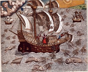 Amerikas historie: "" Rejse af spanske karaveller omgivet af flyvende fisk"" Oplæsning af rejserne for Hans Staden, tysk opdagelsesrejsende, der rejste med de spanske flåder til Brasilien, taget til fange af Tupinamba-indianerne. Indgravering fra "Americae af Theodore de Bry