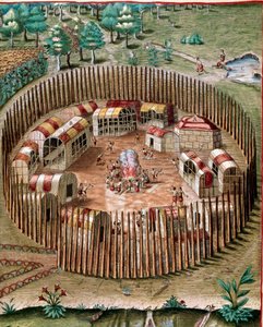 Amerikas historie: "" Repræsentation af den befæstede by Pomeiock eller Pomeiooc i Virginia i 1585""" Indgravering fra "" Admirante Narratio Americae""" af Theodore de Bry (1528-1598) af Theodore de Bry