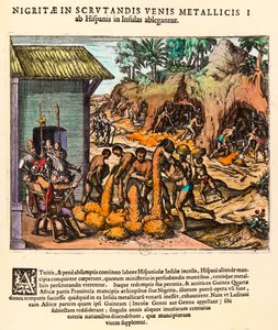 Amerikas historie: Spanierne udnytter guldminer. Indianerne arbejder for øjnene af bosætterne. Gravering af Theodore de Bry (1528-1598). 1500-tallets privatsamling