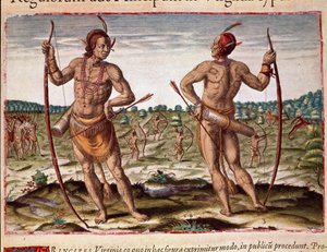 Amerikas historie: "" To indbyggere i Virginia, indiske våben med pile og bue"" Indgravering fra "" Admirante Narratio Americae"" af Theodore de Bry (1528-1598) af Theodore de Bry
