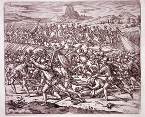 Historien om Amerika: kampe mellem hærene fra Vaca de Castro og Almagro junior efter Francisco Pizarros og Diego de Almagros død (gravering af Theodore de Bry