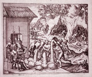 Amerikas historie: spanierne udnytter guldminerne (gravering af Theodore de Bry
