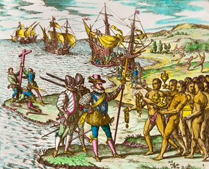 Amerikas historie: opdagelsesrejsende Christopher Columbus (1451-1506) bliver budt velkommen af indianerne ved hans ankomst til den nye verden"" Gravering af Theodore De Bry (1528-1598) Gravering af det 16. århundrede