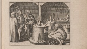 Illustration til Tripus Avrevs, det vil sige tre afhandlinger af udvalgte kemikere.., 1618 af Theodore de Bry