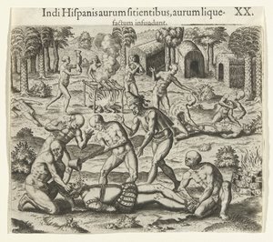 Indianere hælder flydende guld i munden på en spanier, 1594. af Theodore de Bry