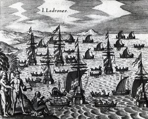 Tyvenes øer (Islas de los Ladrones, i dag Marianas-øerne), gravering fra Peregrinationes, af Theodor de Bry (1528-1598). 16. århundrede af Theodore de Bry