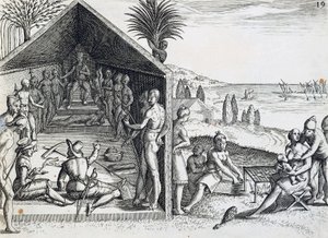 Konge modtager europæiske besøgende, Cape Lopez, Gabon, gravering fra India orientalis af Theodor de Bry (1528-1598), Afrika af Theodore de Bry