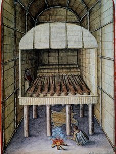 Indfødtes liv, begravelse af døde, graveret af Theodor de Bry (1528-1598), fra Admiranda Narratio, trust tamen, commodis et de incolarvm ritibvs Virginia, af Thomas Harriot (1560-1621), Nordamerika af Theodore de Bry
