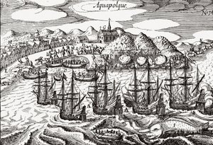 Mexico, Udsigt over Acapulco - Mexico (Aquapolque), Theodore de Bry, ca. 1630. Tidligt syn på kolonibosættelsen ved Acapulco, som spanierne brugte som hovedhavn for deres Stillehavshandel med Filippinerne. Havnen er fyldt med galjoner og en lar af Theodore de Bry