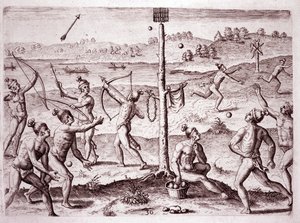 Indfødte amerikanere øver sig i at løbe, skyde pile og kaste bold, Florida (gravering af Theodore de Bry