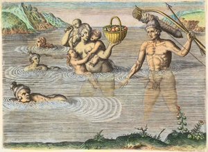 Indfødte i Florida: en familie, der svømmer fra den ene ø til den anden. Fra "" Americae,"" del II af Theodore de Bry