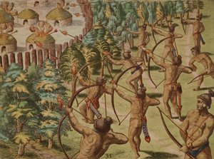 Natteangreb på en indisk landsby med flammende pile af Theodore de Bry