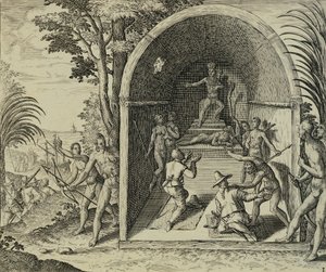 Portugisiske søfarere, der ankommer til Etiopien, Illustration fra Østindien af ​​Antonio Pigafetta, af Theodore de Bry af Theodore de Bry