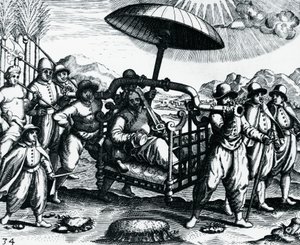 Portugisisk i Indien, bliver transporteret på affald, gravering fra Peregrinationes, af Theodor de Bry (1528-1598), Indien af Theodore de Bry