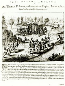 Ralph Hamor besøger Powhatan, 1619 (gravering) (foto i s/h) af Theodore de Bry