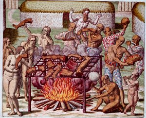 Scene af kannibalisme i Brasilien Indianerne fortærede deres fjender og fanger. Gravering fra "Admirante Narratio Americae" af Theodore de Bry (1528-1598)