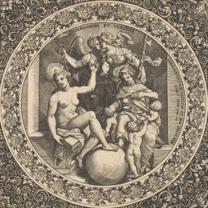 Scene med Misericordia og Veritas i en cirkel i midten, 1580-1600. af Theodore de Bry