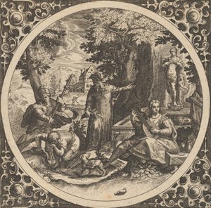 Scene med en advarsel mod kønssygdom i en cirkel i midten, 1580-1600. af Theodore de Bry