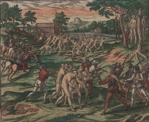 Slaver forsøger at overvinde deres spanske ejere, men bliver fanget og hængt fra træer, 1595. af Theodore de Bry