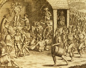 Sydamerikansk indfødt religiøs ritual, gravering fra Historia americae, af Theodor de Bry (1528-1598), Frankfurt af Theodore de Bry