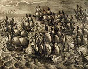 Spansk Armada kommando af Rodrigo Mendoza, gravering af Theodore de Bry (1528-1598) taget fra History of America af Theodore de Bry, Spanien, 1602 af Theodore de Bry
