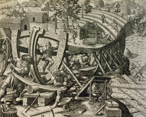 Spanske sømænd bygger karavel, gravering fra Historia Americae, af Theodor de Bry (1528-1598) af Theodore de Bry