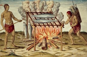 Taino indfødte, der tilbereder fisk, farvegravering af Theodor de Bry (1528-1598) fra maleri af John White, fra Kort og sand rapport om det nye fundne land i Virginia af Theodore de Bry