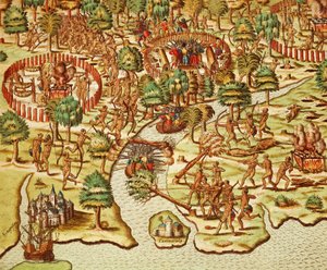 Teknikker til belejring og angreb, gravering af Theodor de Bry (1528-1598), fra Americae tertia pars af Theodore de Bry