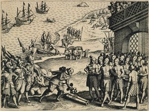 Hollænderne går i land i Calcutta af Theodore de Bry
