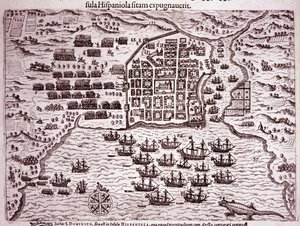 Francis Drake-flåden indtager øen Santo Domingo (gravering af Theodore de Bry