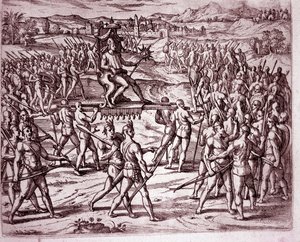 Inka-kongen, Atahualpa (eller Atabaliba), der holder et scepter i form af en sol, bliver båret på et kuld for at møde Francisco Pizarro (gravering) af Theodore de Bry