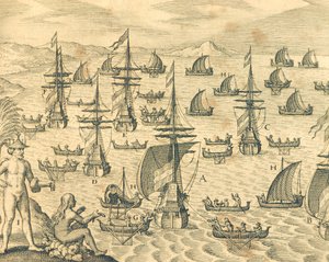 Tyvenes ø, gravering fra amerikansk historie af Theodore de Bry, Nordamerika 17. århundrede. af Theodore de Bry
