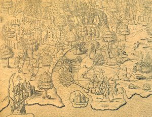 Portugiserne skubber mod det indre og bliver angrebet af en lokal stamme af Theodore de Bry