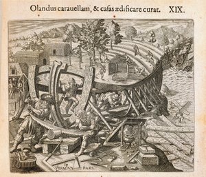 Spanierne bygger deres første skib i den nye verden, gravering af Theodor de Bry (1528-1598) fra Amerika af Theodore de Bry