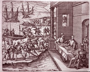 De spanske conquistadorer Francisco Pizarro, Diego de Almagro og Hernando de Luque gik sammen om at erobre Peru (gravering af Theodore de Bry