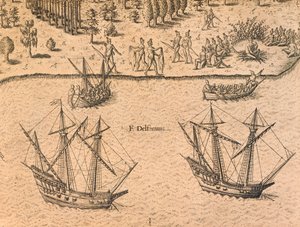 Ankomsten af franske skibe til Florida af Theodore de Bry