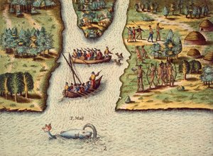 Franskmændenes ankomst, stik af Theodore de Bry (1528-1598), fra The Discourse of Florida. af Theodore de Bry