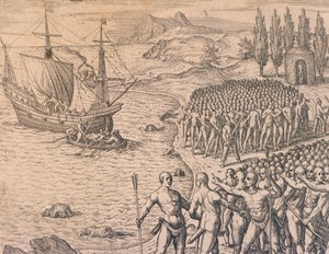 Portugisernes ankomst til Peru af Theodore de Bry